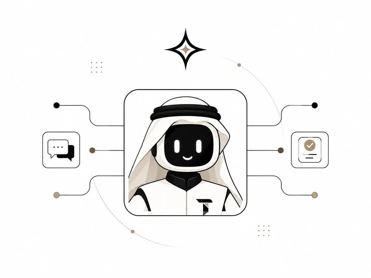 رسم مفاهيمي لوكيل الاستديو بالزي السعودي متصل بأدوات المحادثة وتنفيذ المهام