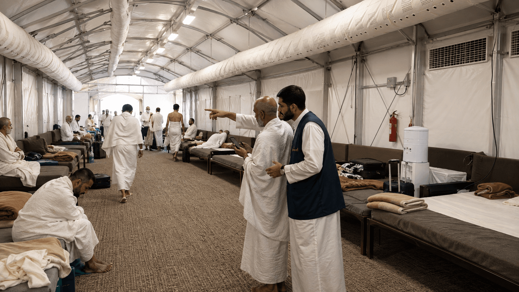 مشهد داخل مخيم منى في الحج حيث يساعد مشرف ميداني حاجًا وسط صفوف الاستراحة