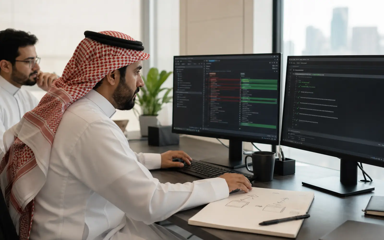 مهندس برمجيات سعودي يراجع فرق الشيفرة ونتائج الاختبارات مع زميل قبل اعتماد التغيير.
